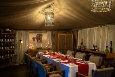 Dining tent set for dinner