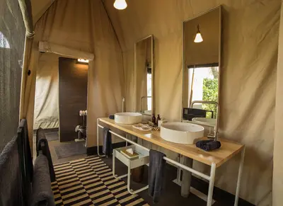 Twin vanities in the tent bathroom