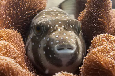 Pufferfish tucked into soft coral