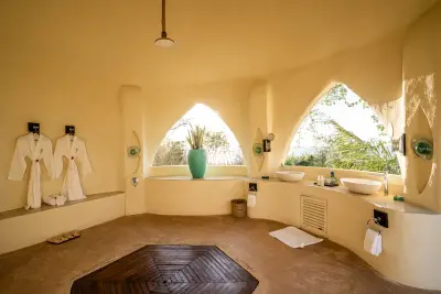 Pavilion bathroom with twin basins