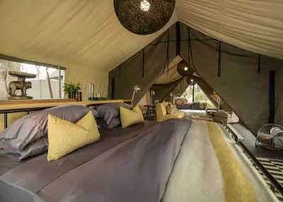 Bed facing the open tent flaps