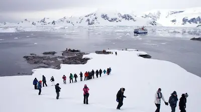 Guests hiking on a landing