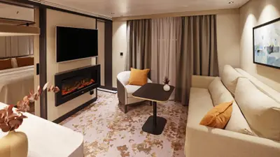 Suite lounge with fireplace