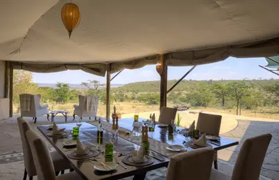 Communal dining table in the main tent