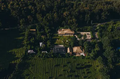 Aerial of the lodge in the Virunga foothills