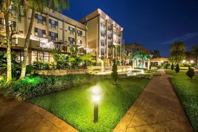 Hotel gardens lit up at night