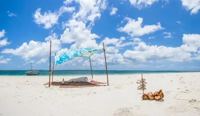 Beach lunch set up under a sail shade
