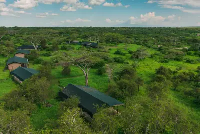Aerial of the mobile camp in the acacia woodland