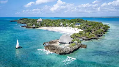 Island & reef off Diani from the air
