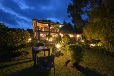 Main lodge glowing at night