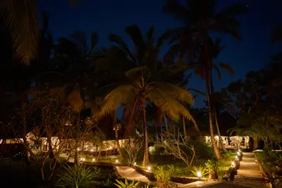 Lodge lit up at night