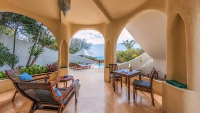 Lounge terrace of Villa 6 framing the sea
